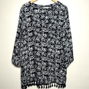 Soft Surroundings Women Tunic Dress Medium Black Floral V-Neck Tassels Resort